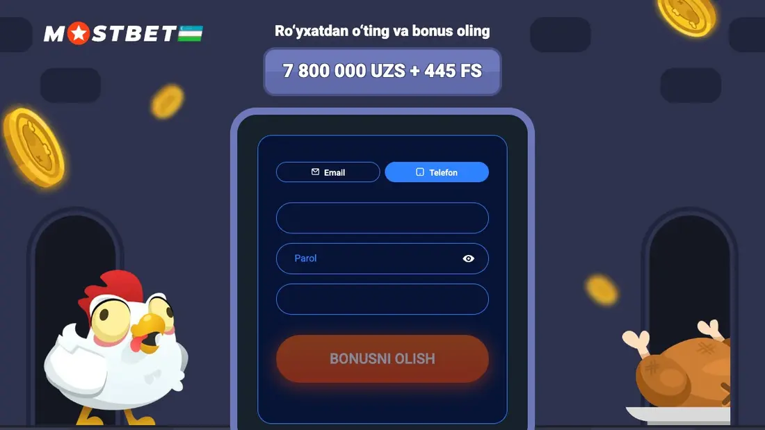 Mostbet: roʻyxatdan oʻting va 7 800 000 UZS + 445 FS bonus oling